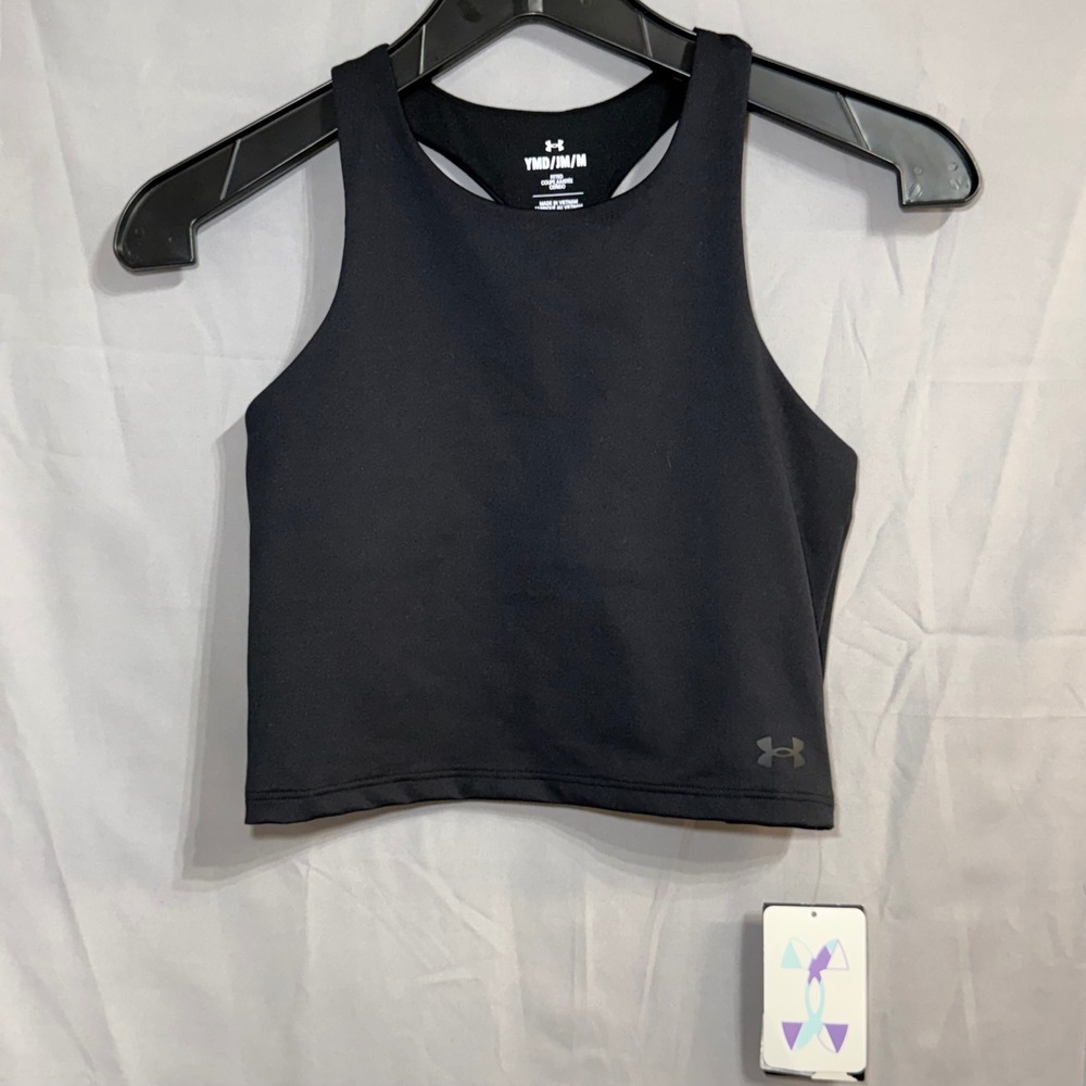 Under Armour Girls Motion Crop Tank Black Racerback High Neck 1379983 YMD Medium